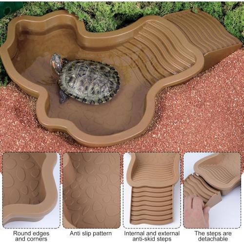 Large Reptile Bathing Pool, Tortoise Food Water Bowls with Ramp, Reptile Feeding Dish Water Bowl Bathing Pool Aquarium Ornament for Gecko, Snake, Turtle, Bearded Dragon, Lizard Bath