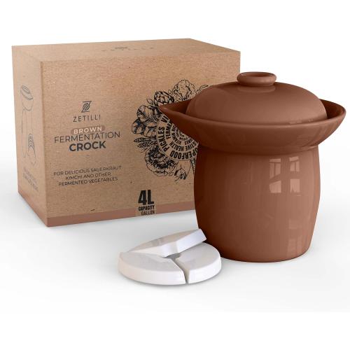 Fermentation Crock Jar Fermenting Crock with Glazed Weights- Onggi Kimchi Pot for Fermenting Delicious Kimchi, Kombucha & Pickles - Stoneware Sauerkraut Crock Pickling Fermenter (4L BROWN)