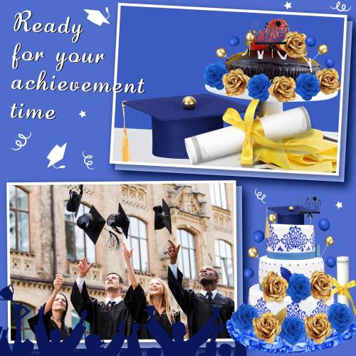 Color Blue Graduation Cake Kit: Felt Cap, Diploma, Congrats Topper, Beads Leaf Flowers (Blue & Gold, 33 Count)