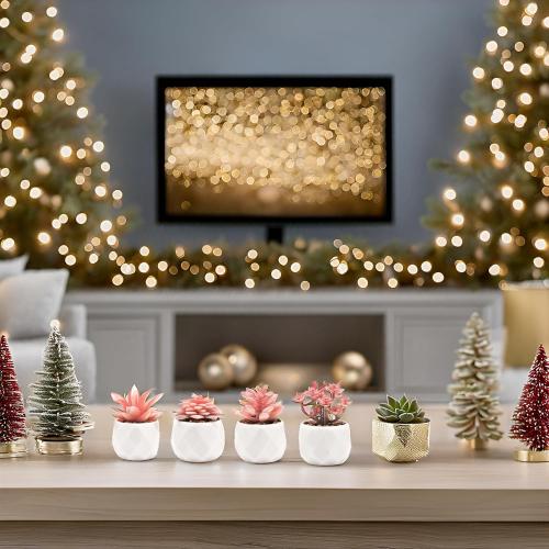VIVERIE Mini Succulents Plants Artificial in Pots-Rose Pink, Christmas Small Fake Succulents Plants for Home Halloween Decor Indoor for Women, White Ceramic, Set of 4, Gifts for Mom