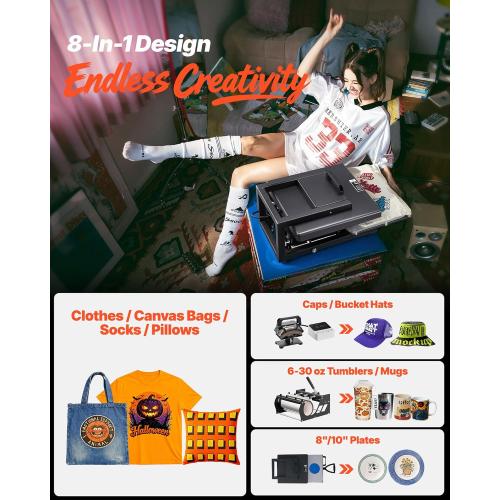 Color light blue VEVOR Hybrid Heat Press, 15 x 15 inch, 8-in-1 Multifunction, Heat Up Fast and Even, All-New Patented Design, Easy to Control, Sublimation Press Machine for T-Shirts/Mugs/Tumblers/Caps/Plates,