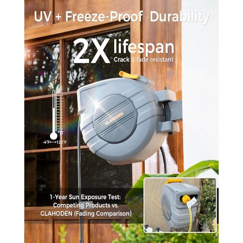 Retractable Garden Hose Reel 5/8 in x 65 ft, 2025 Upgraded Dual Ratchet Lock UV & Freeze Protection Brass Seal Slow Retraction Anti-Tangle Hose 180°Swivel Reinforced Scaffold Wall Mount