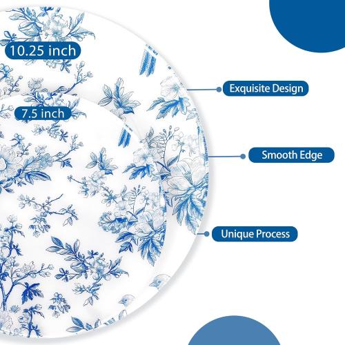 EI 60pcs Blue Plastic Plates Disposable Heavy Duty,Blue and White Floral Disposable Plates,10.25 Dinner & 7.5 Dessert Plate,Natural Fresh and Elegant Decorations for Birthdays/Tea Party/Wedding