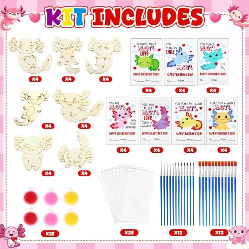 Leinuosen 28 Sets Valentine's Day Axolotl Party Favors Wood Painting Craft Kits with DIY Art Supplies and Cards for Birthday Party Goodie Bag Fillers Prizes Exchange