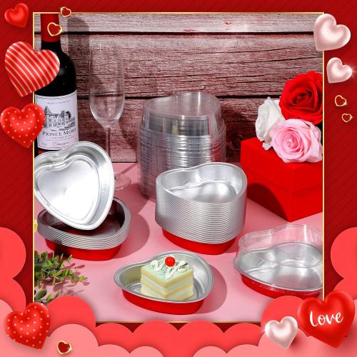 Yinkin 50 Set 9 oz Heart Shaped Aluminum Cake Pan with Lid Disposable Heart Foil Tin Pans Cupcake Liners Muffin Tins for Mother's Day Wedding Bridal Shower Baking Supplies (Red)