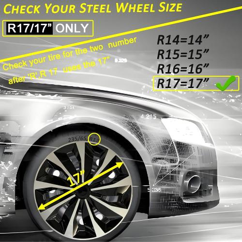 Hubcap Wheel Cover Replacement R17 Hub Caps Universal-Fit Steel Wheel Rim Cover ABS Material Exterior Accessories for Car Truck SUV -Set of 4（17-inch，Silver-Black）