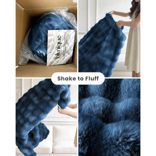 Ultra Soft Cozy Faux Fur Throw Blanket, Fuzzy Plush Thick Bubble Blanket, Oversize Luxury Fluffy Blanket for Couch, Bed, and Living Room, 60x80 Inches, Blue