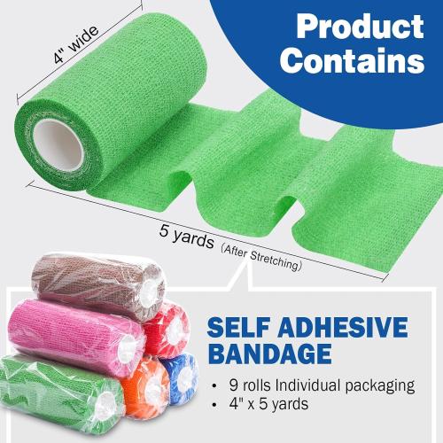AZEN 9 Pack Self Adhesive Bandage Wrap, 4 X 5 Yards Elastic Cohesive Bandage Wrap, Color Athletic Tape, Tattoo Grip Tape Wrap, Vet Wrap, Ankle Tape