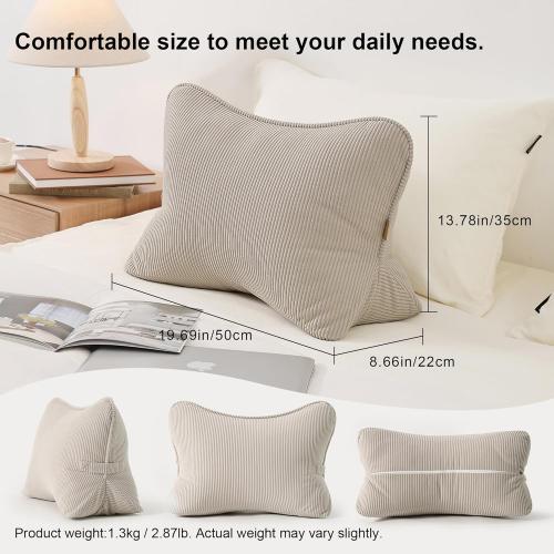 Pat. Pend. Corduroy Lumbar Support Back Pillow for Watching TV, Reading & Gaming, Ergonomic Triangle Support Cushion for Sofa, Armchair & Bed Sitting, Removable Washable Cover, Beige Gray