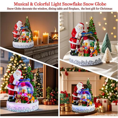 Christmas Snow Globe Lantern with Musical, Colorful Lights & Swirling Snowfall - USB & Battery Operated Xmas Thanksgiving Holiday Indoor Decor - Gift for Kids, Adults, Family (Santa Claus Gift)
