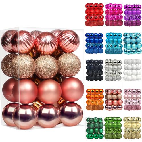 Emopeak 24Pcs Christmas Balls Ornaments for Xmas Christmas Tree - 4 Style Shatterproof Christmas Tree Decorations Hanging Ball for Holiday Wedding Party Decoration (Rose Gold, 1.3/3.2CM)