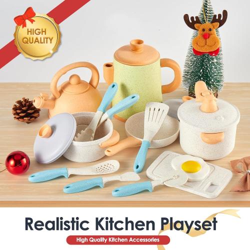 BUYGER Kids Play Kitchen Toys Accessories, Pretend Play Cooking Cookware Set Kitchen Pots and Pans Utensils Playset Christmas Gifts for Kids Girls Boys Toddler Ages 3-5  Years Old