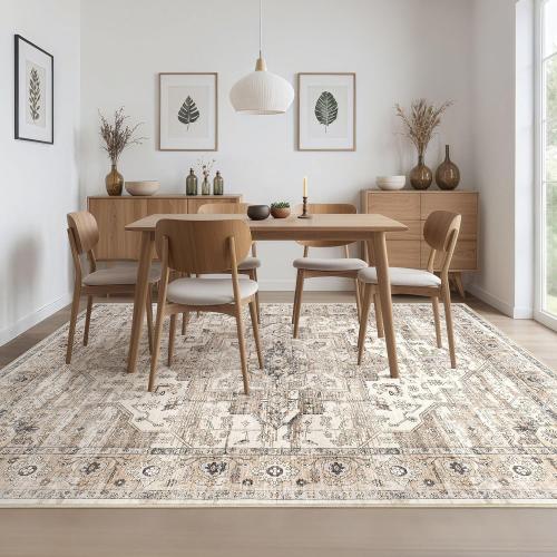 Area Rug 7x9 Washable Vintage - Soft Traditional Rugs for Living Room Large Non Slip Backing with Low Pile Farmhouse Oriental Retro Carpet for Bedroom Dining Room or Home Office - Tea Brown