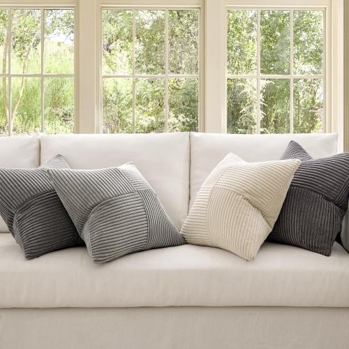 MIULEE Neutral Grey Decorative Throw Pillow Covers 18x18 Inch Set of 4 Modern Farmhouse Corduroy Cushion Cases Striped Patchwork Pillow Cases for Couch Sofa Bedroom Home Decor