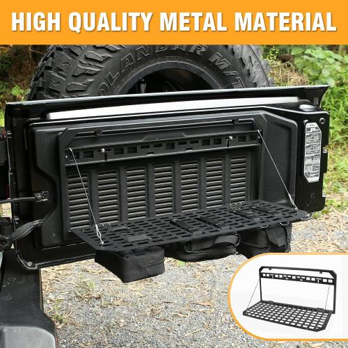 Tailgate Table Storage Rack Compatible with Jeep Wrangler 2007-2018 JK JKU & 2018-2025 JL JLU 4 Doors, Foldable Rear Cargo Shelf MOLLE Panel Camping Desk Organizer(Not fit with Low Speaker JK Models)