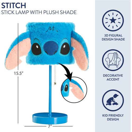Disney Stitch Plush Table Lamp,15.5 Figural Lamp with Soft Shade & Pull Chain,Kids Bedroom or Nursery Nightstand Light,Blue