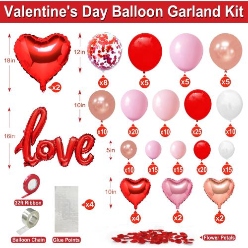 191 Pcs Valentine's Day Balloon Garland Arch Kit, Love Foil Letter Balloons Red Pink Rose Gold White Confetti Balloon Decor Heart Shaped Balloons Rose Petals Romantic Party Supplies for Galentines Day