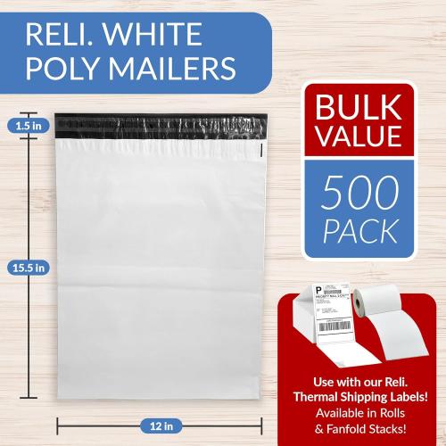 Reli. Poly Mailers 12x15.5 | 500 Pcs Bulk | Shipping Envelopes | White Packaging Bags for Shipping | Non-Padded Polymailers, Self Sealing Mailing Bags for Clothing, Bulk (White)