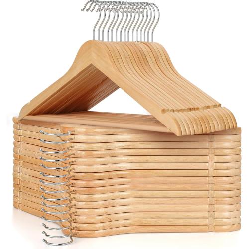 TOPIA HANGER Wooden Hangers 30 Pack, Wood Clothes Hanger Natural | Durable Coat Hanger, 360-Degree Rotatable Hook, Non-Slip Pants Bar, Shoulder Notches for Camisole Tops-CT34N30