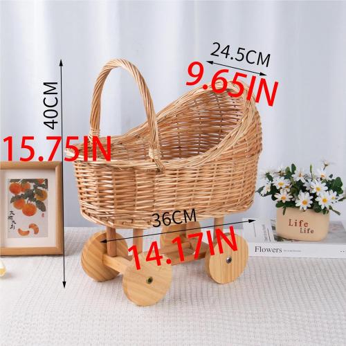 Woven Rattan Stroller Shaped Flower Basket, Vintage Wicker Baby Carriage Planter for Floral Arrangements, Baby Shower Wedding Party Decor Centerpieces for Tables, Floral Rustic Home Decor (Small)