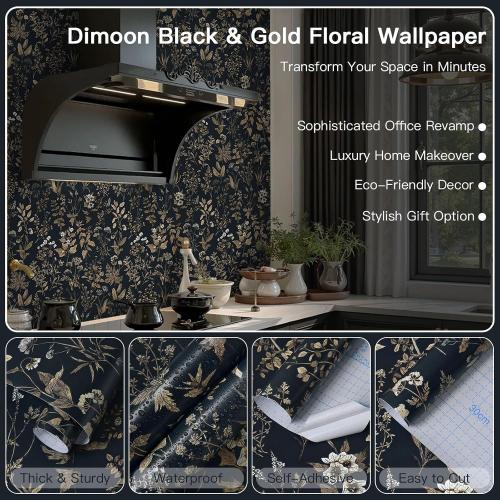 ‼️colors may vary‼️78.7x17.3 Vintage Wallpaper Boho Floral Peel and Stick Wallpaper Dark Black Gold Contact Paper Flower Removable Wall Paper Renter Friendly Stick on Kitchen Bathroom Self Adhesive Vinyl
