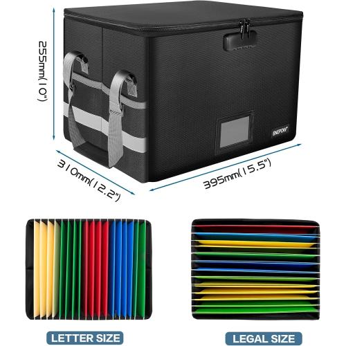 ENGPOW File Box with Lock,Fireproof Document Box with Zipper＆Pockets,Collapsible File Organizer Filing Storage Cabinet with Handle,Portable Home Office Safe for Hanging Letter/Legal Folder,Black