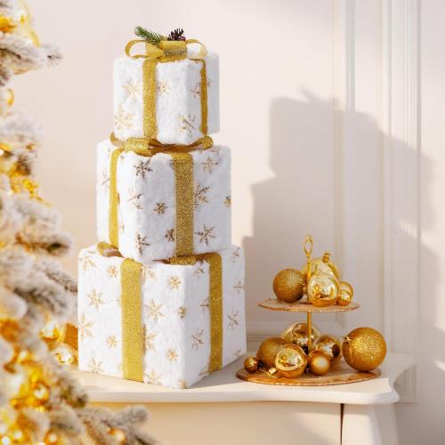 Set of 3 Christmas Lighted Gift Boxes, Plush Pre-lit 70 LED Light Up Present Boxes with Gold Snowflake, Battery Operated Christmas Decorations for Indoor Home, Housen Solutions
