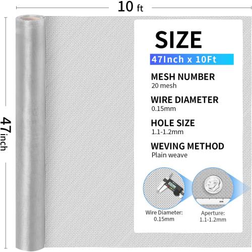304 Stainless Steel Mesh, 47in x 10ft, 20 Mesh, Sturdy Metal Screen Roll for Window, Door, Air Vents, Filter, Cage, Garden, Patio, Pet (Sliver, 47inch x 10feet)