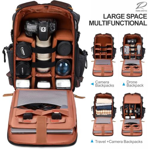 Padwa Lifestyle Black Camera Backpack - Weather Resistant Canvas Camera Bag for Photographers with Multi Compartments&Tripod Holder,Great Gift for Camera Backpacks,Drone bag and Travel bag