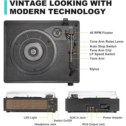 Vinyl Record Players Vintage Turntable with Speakers Belt-Driven Turn Tables Support 3-Speed, Bluetooth Wireless Playback, Headphone, AUX-in, RCA Line LP Phonograph Auto Stop Retro Black