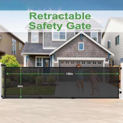 FRUITEAM 120 Wide Outdoor Waterproof Retractable Gate for Dogs & Kids – Ground Stakes, Easy One-Hand Operation, Scratch-Resistant & Tear-Proof Mesh for Indoor/Outdoor Use on Garage, Driveway – Black ‼️has mild stains ‼️