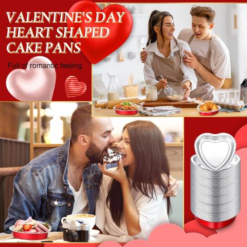 Yinkin 50 Set 9 oz Heart Shaped Aluminum Cake Pan with Lid Disposable Heart Foil Tin Pans Cupcake Liners Muffin Tins for Mother's Day Wedding Bridal Shower Baking Supplies (Red)