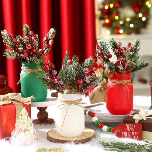 Karenhi 16 Pcs Christmas Centerpieces for Tables Christmas Mason Jars Xmas Glass Tray Table Decorations with Artificial Pine Picks and Garland Xmas Farmhouse Dining Kitchen Indoor Desk Home Decor