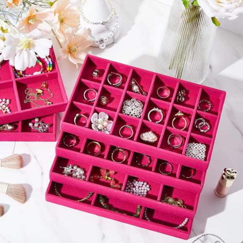 Junkin 12 Pcs Jewelry Tray Velvet Stackable Jewelry Organizer Trays Divided Earring Accessories Storage Containers Box (Rose Red)