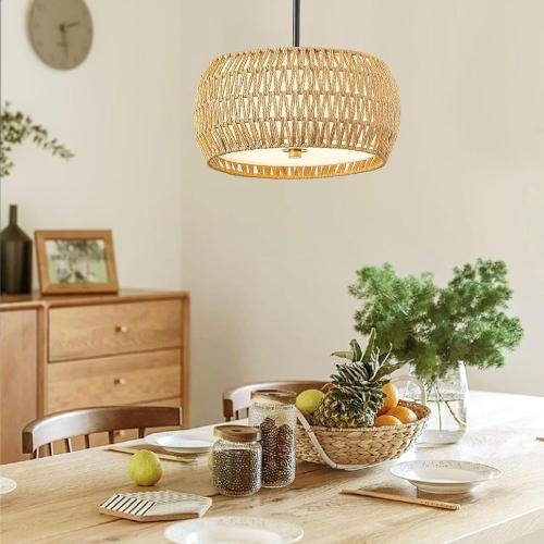 Rattan Pendant Light Kitchen Island,12.8 Hand-woven Modern Semi Flush Mount Ceiling Light Fixture,Boho Woven Lamp Shade Chandelier,Adjustable Farmhouse Hanging Light for Bedroom Bar Hallway