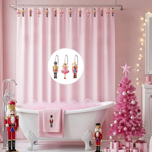 12 Pcs Christmas Nutcracker Shower Curtain Hooks Xmas Pink Nutcracker Shower Curtain Hooks Holiday Bathroom Rust Resistant Decor Rings for Winter Bathroom Bedroom Farmhouse Decorations