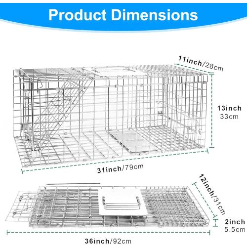 32 Live Animal Trap Cage, Heavy Duty Folding Live Animal Cage Trap for Stray Cats, Raccoons, Squirrels, Rabbits, Opossums, Groundhogs, Armadillos up to 16.5 lbs - 32 L x 11 W x 13 H