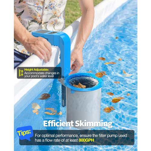 DeeprClean Above Ground Pool Skimmer with Backlit Solar Digital Thermometer | Wall Mount Surface Skimmer with Adjustable Height Bracket, Auto Skimming for Pool Surface Floating Leaves & Debris -Blue