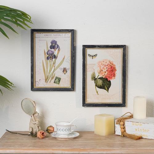 NIKKY HOME Vintage Botanical Wall Art Set of 2, Rustic Wooden Framed Floral Flower Plant Butterfly Pictures Prints Poster Decor for Bathroom Bedroom Living Room Kitchen Office, 13 x9 Inch