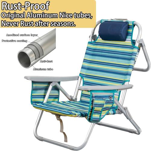 Aluminum Backpack Low Profile Beach Chair - 5-Position Lay Flat Reclining Folding Chair with Removable Cooler Bag - Heavy Duty 330 lbs Capacity, Lightweight Portable Sand Seat - Striped Green‼️has mild scratches ‼️