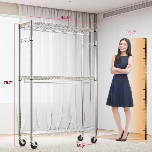 M MZG Heavy Duty Rolling Garment Rack 3 Tiers Adjustable Wire Shelving Clothes Rack with 2 Rods and Side Hooks,Storage Closet Clothing Rack with Wheels Chrome 15.7 D x 45.3 W x 79.6 H