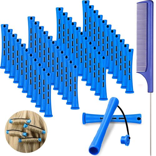 48 Pieces Hair Perm Rods Short Cold Wave Rods Plastic Perming Irons Hair Curling Rollers Curlers with Steel Pintail Comb Rat Tail Comb for Hairdressing Styling Supplies(0.35 Inch,Blue and Dark Blue)