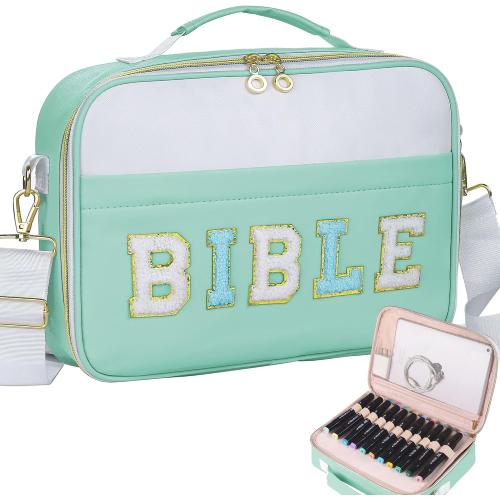 Bible Cover Case for Women, Large Chenille Letter Bible Carrying Case with Shoulder Strap, Church Bible Tote Bag for Woman Lady Teen Grils, Bible Totes for Bible Study Accessories-Green