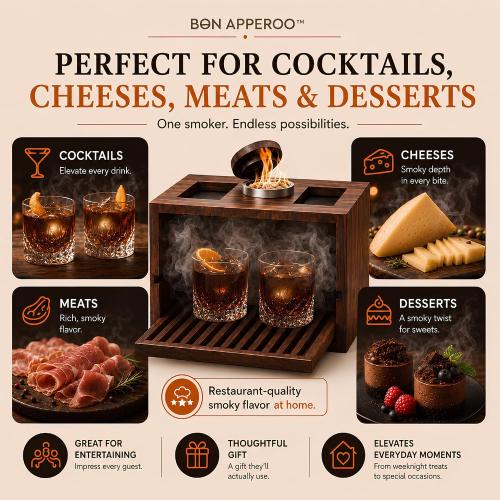 Bon Apperoo™ 2-Glass Culinary Smoker Box with Torch - Portable Cold Food and Cocktail Infuser - Indoor Whiskey and Bourbon Smoking Kit - Ideal for Drinks and Charcuterie - Butane Not Included