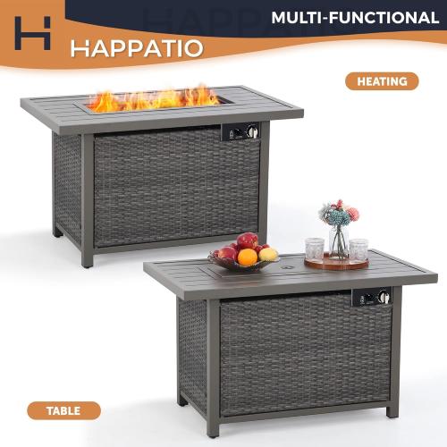 Size 42 Color Grey Fire Pit Table, HAPPATIO 42inch 50000 BTU Propane Fire Pit with Mental Fence Table Top, Lid, Black Glass Rock, CSA Safety Certified for Patio Balcony Backyard (Gray)