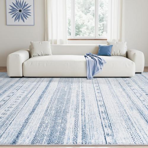 6x9 Area Rugs for Living Room Machine Washable Rug Distressed Indoor Carpet Neutral Moroccan Boho Rug Ultra Soft Area Rug for Bedroom Dining Room Playroom Office,Blue
