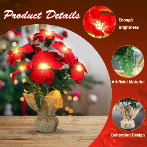 Christmas Decorations 20 Inch Pre-Lit Artificial Poinsettia Plant - 50 LED Lighted Faux Poinsettia Flowers Potted (Red,2 Pack)