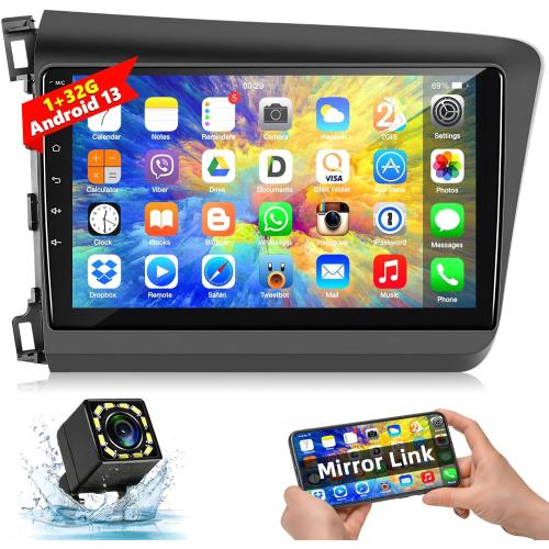 Car Stereo for Honda Civic 2012 2013 2014 2015 with Bluetooth,Podofo Android 13 9 Inch Touchscreen Car Radio Receiver with GPS Navigation/Mirror Link/WiFi/SWC/USB/FM/RDS   AHD Backup Camera