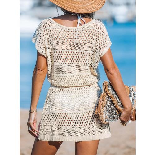 Size Small Color White CUPSHE Women Crochet Swimsuit Cover Ups Hollow Out Short Sleeve Beach Coverup Dress