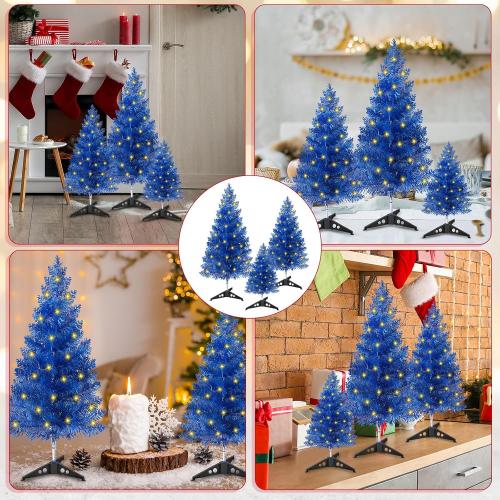 Realspring Blue 3 Pcs Mini Christmas Tree with Lights Tabletop 20/14/8 Inch Small Artificial Xmas Trees Miniature Pine Xmas Tree Bottle Brush Trees for Christmas Home Table Decor